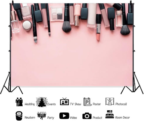 XMJJKUF 8x6.5ft Set Polyester Makeup Tools Backdrop Pink Makeup Backdrop Brush Lipstick Eyeshadow Photography