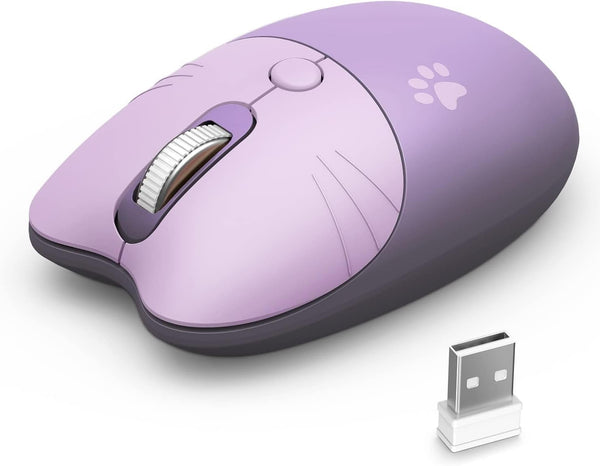 Cute Cat Wireless Silent Mouse, 2.4GHz USB Receiver, 3 Adjustable DPI, Compatible with PC, Laptop, Notebook - Purple