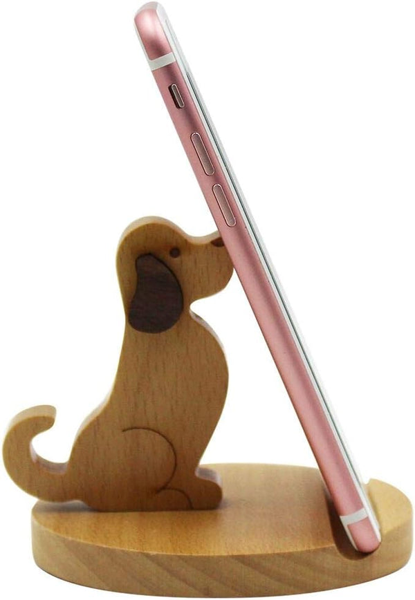 Cute Dog Cellphone Holder Stand - Wooden Smartphone Desk Holder for All Mobile Phones