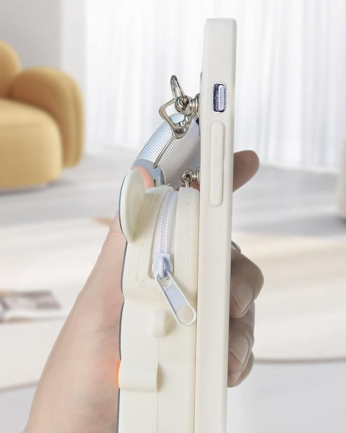 SGVAHY Cute iPhone 13 Wallet Case - Kawaii Bear White, Soft Silicone, Shockproof, with Strap Lanyard & Coin Purse.
