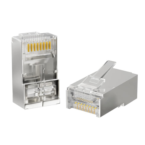 iwillink 100 Pack Shielded RJ45 Cat6 Pass Through Connectors, Ethernet Cable Crimp Connectors STP Network 3 Prong 8P8C 50U Gold Plated Modular Plug for Solid Wire and Standard Cable