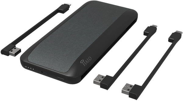 HALO 10000 AC, 10,000mAh Internal Battery with Built-in AC Wall Plug & Charging Cables, Black