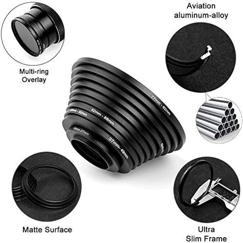 10 Pieces Metal Step-Down Adapter Rings Kit for DSLR Camera Lens Filter Stepping