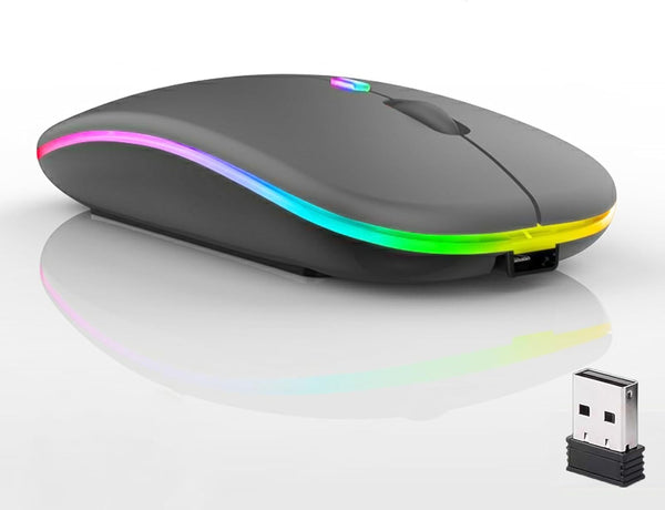 Wireless Bluetooth Mouse, LED Dual Mode Rechargeable Slim Laptop Mouse, Portable (BT5.2+USB Receiver) for Laptop,