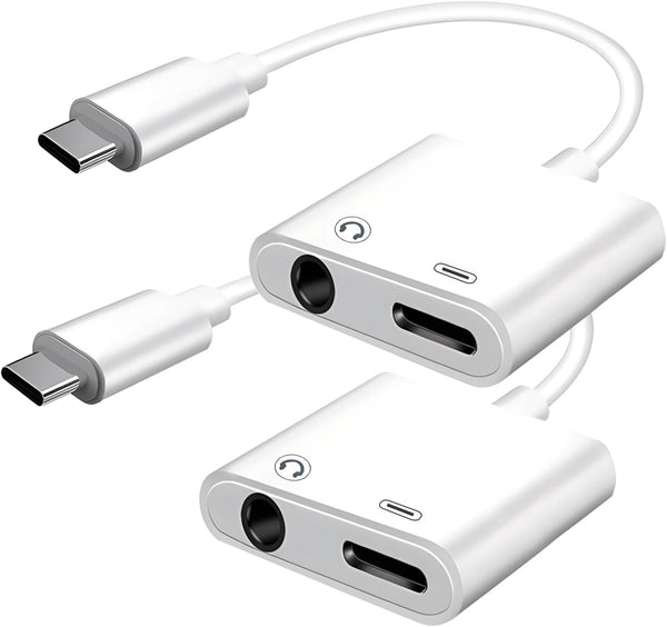 USB C to 3.5mm Headphone and Charger Adapter 2-Pack, 2-in-1 Dongle Cable with PD Fast Charging for iPhone 15 Pro Max