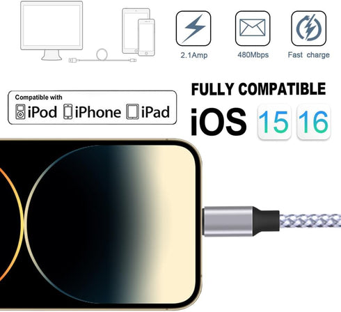 TAKAGI MFi Certified Lightning Cable 3-Pack, 6FT Nylon Braided USB Charger for iPhone 14/13/12/11 Pro Max/iPad.