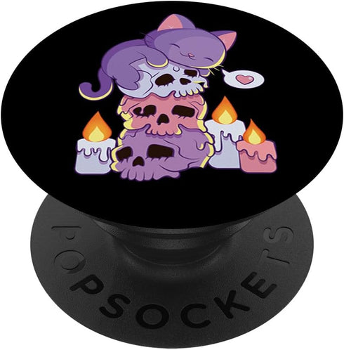 Purple Cat on Skulls Cute Aesthetic Anime Kawaii PopSockets Standard PopGrip