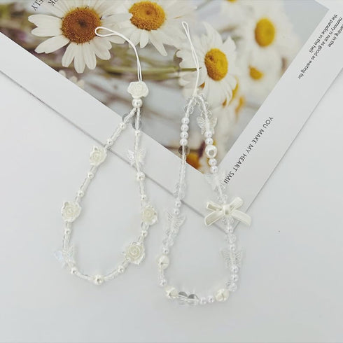 White Mobile Phone Lanyard, Universal Phone Chain with Black Bow and White Pearl Beads, Anti-Lost Strap