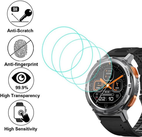 Tempered Glass Screen Protector for KOSPET TANK T2, AMAZTIM T2 1.43” Rugged Round Smart Watch (4pcs, 9H)