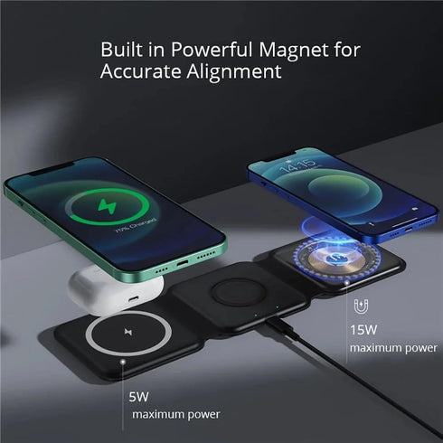 3 in 1 Wireless Charger for iPhone, Foldable Magnetic Mag-Safe Travel Charging Pad for iPhone 15 14 13 12 Pro Max
