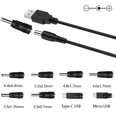USB to DC 5V Power Cord, Universal DC 5.5x2.1mm Cable with 8 Connectors (6.4x4.4, 5.5x2.5, 4.8x1.7, 4.0x1.7, 3.5x1.35,