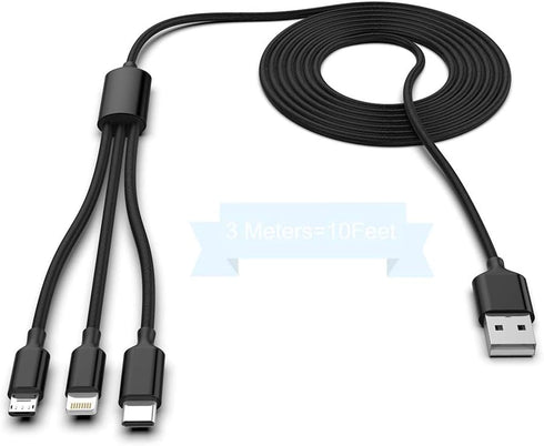 Multi 3 in 1 USB Long iPhone Charging Cable, 3M/10Ft Nylon Braided Universal Phone Charger Cord for Android, Apple,