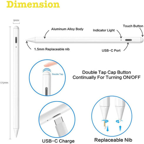 Stylus Pen for iPad Active Pencil with Palm Rejection Compatible with (2018-2021) Apple iPad 6/7/8th,iPad Pro(11/12.9 Inch), Mini 5th, Air 3/4th Apple iPad Pro Pen Writing Drawing