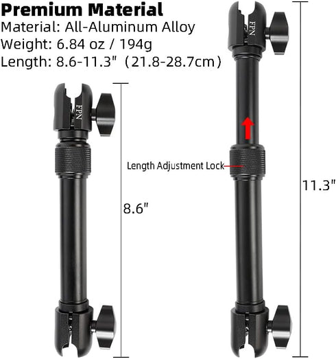 FPN 8.6 11.3 Inch, 1" 25mm All-Aluminum Extension Double Socket Arm, Adjustable Telescopic Mounting Arm to Compatible