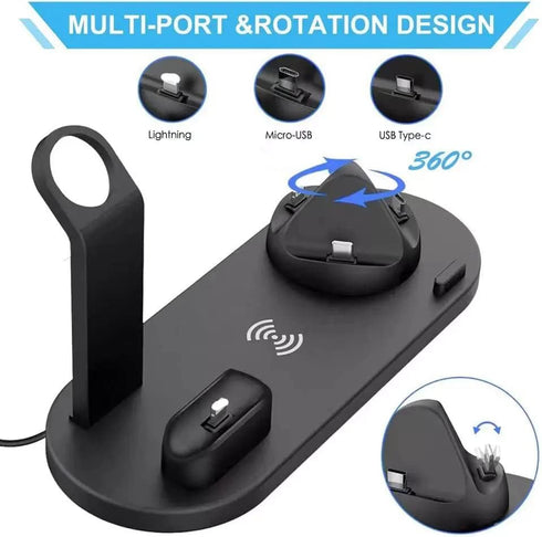 6-in-1 Wireless Charger, Portable Charging Station for Multiple Devices, 15W Fast Charging Pad for Phones, Earbuds, and
