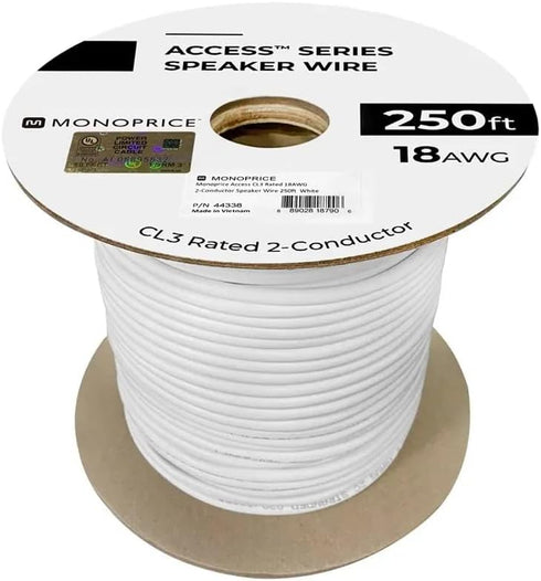 Monoprice Speaker Wire, CL3 In-Wall Rated, 2-Conductor, 18AWG, 250 Feet, White