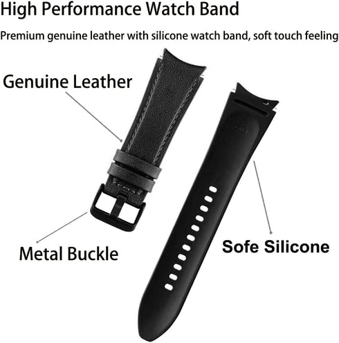 No Gaps Band Genuine Leather with Silicone Replacement Strap for Samsung Galaxy Watch 6/5/4 40mm 44mm, 5 Pro/Classic