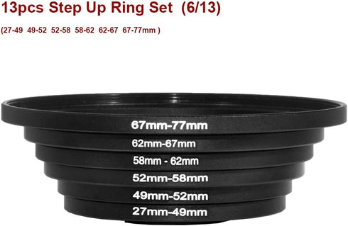 13 Pieces Filter Ring Adapter Set, Camera Lens Filter Metal Stepping Rings Kit (7+6 pcs Step Up Ring) Black