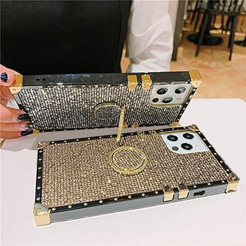 Samsung Galaxy Z Flip 4 Bling Case, Luxury Glitter Sparkle Soft Trunk Cover with Finger Ring Grip Kickstand (White)