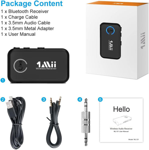1Mii Bluetooth 5.0 Music Receiver for Car/Home Stereo, Aux Bluetooth Adapter with Volume Control, 16H Battery Life