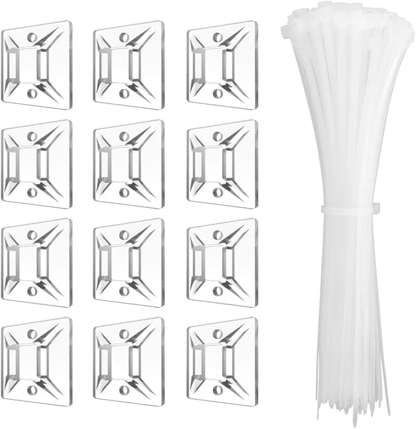 240Pcs Clear Cable Ties Mounts, 120Pcs 5.9'' Heavy Duty Zip Ties + 120Pcs 3/4" Adhesive Holders for Cord Organizer
