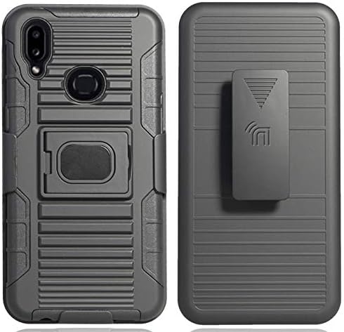 Case with Clip for Galaxy A10s, Nakedcellphone Black Rugged Cover with Finger Grip Stand, Built-in Mounting Plate, Belt