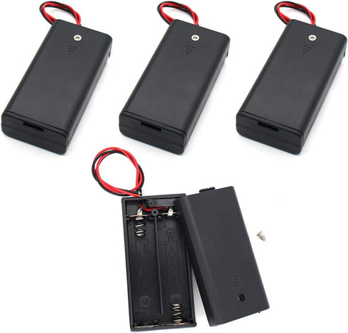 2 AA Battery Holder with Leads, ON/Off Switch, Screw Cap Case, 2 Slots x 1.5V 3 Volt (4-Pack)