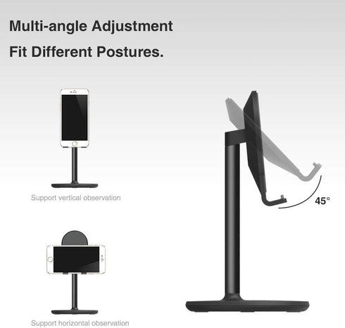 Bright Stone Phone Stand for Desk, Adjustable Cell Phone Holder for 4"-12.9" Phones/Tablet/iPhone/iPad (Black)