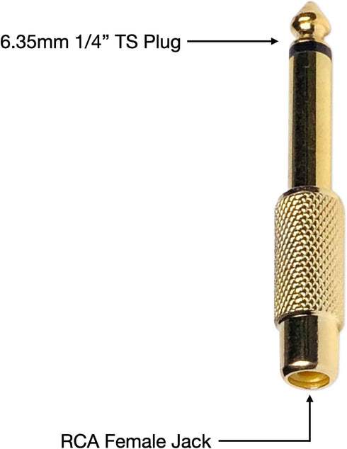 6.35mm 1/4" TS Plug to RCA Female Jack Adapter Connector - 10 Pack, Gold-Plated Mono Male to RCA Female