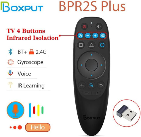 BPR2S Plus Air Mouse Remote Control Bluetooth Voice Remote Control 2.4G RF Remote with USB Receiver 6 Axis Gyroscope Support IR Learning TV 4 Keys IR Isolation for Android TV Box TV Stick