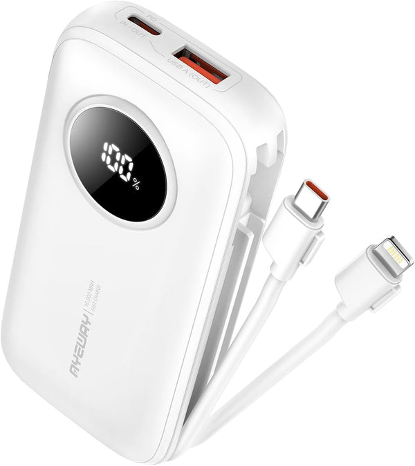 Ayeway Small Power Bank - 10,000mAh USB C Fast Charge Battery Pack with Built-in Cable, Lightweight External Backup