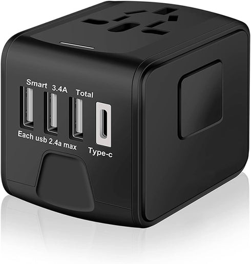 Universal Travel Power Adapter with High Speed 2.4A USB, 3.0A Type-C, Worldwide AC Outlet Plugs, Black