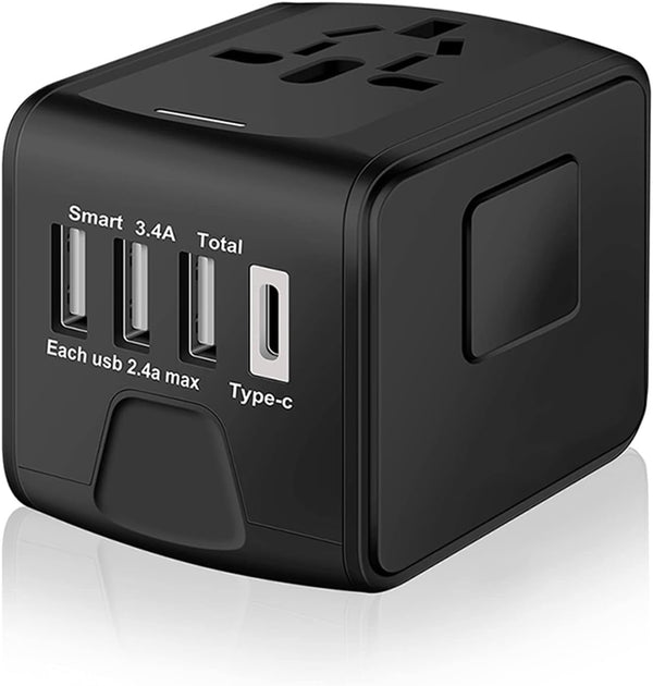 Universal Travel Power Adapter with High Speed 2.4A USB, 3.0A Type-C, Worldwide AC Outlet Plugs, Black