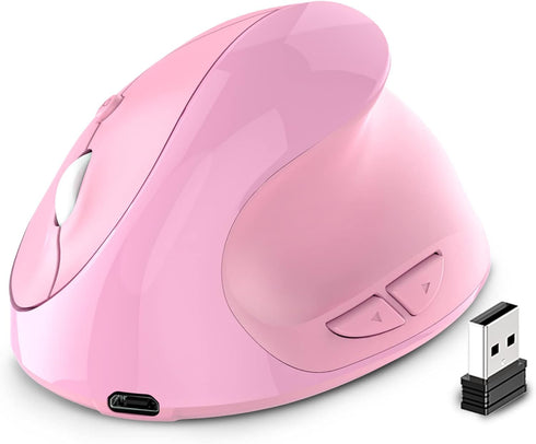 Ergonomic Mouse, Rechargeable Small Vertical Wireless Mouse with 6 Buttons, Adjustable 800/1200/1600 DPI Pink for