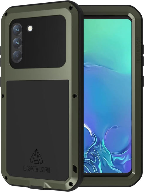 LOVE MEI Military Rugged Case for Samsung Galaxy S21 FE 5G, Shockproof Dustproof Hybrid Metal Silicone Gel Cover with