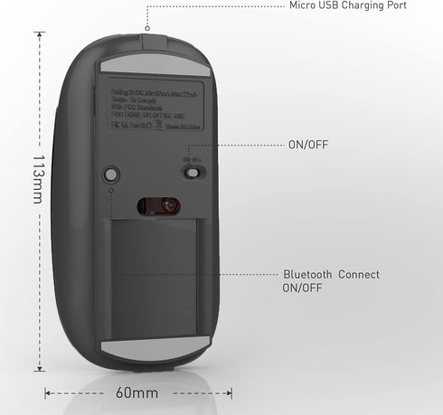 Rechargeable Bluetooth Mouse, Black, 450mAh Battery, 3 DPI Levels, Skin-Friendly