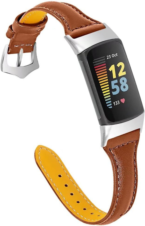 Genuine Leather Bracelet Sport Bands Compatible for Fitbit Charge 5, Replacement Wristband for Fitness Tracker