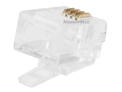 Monoprice 6P4C RJ11 Modular Plugs - For Flat Solid/Stranded Cable, 1u, 2 Prongs, 50 Pack, Clear