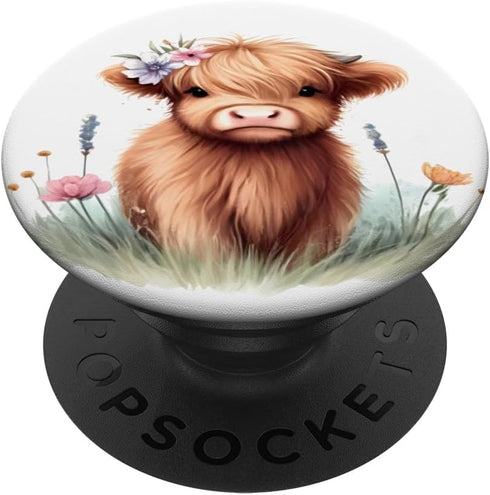 Cute Floral Baby Highland Cow Sweet Scottish Cow Watercolor PopSockets Standard PopGrip
