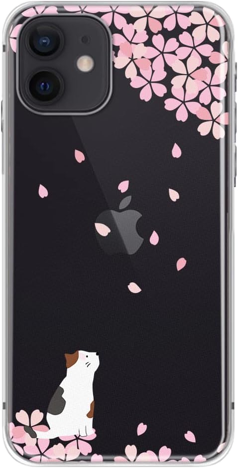 Blingy's Compatible iPhone 12 Case (6.1 inch), Cute Cat Design with Cherry Blossom Pattern, Transparent Soft TPU