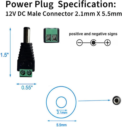 10 Pairs 12V 5A DC Power Plug Connectors - 5.5mm x 2.1mm Male & Female Jacks for LED Strips, CCTV, Security