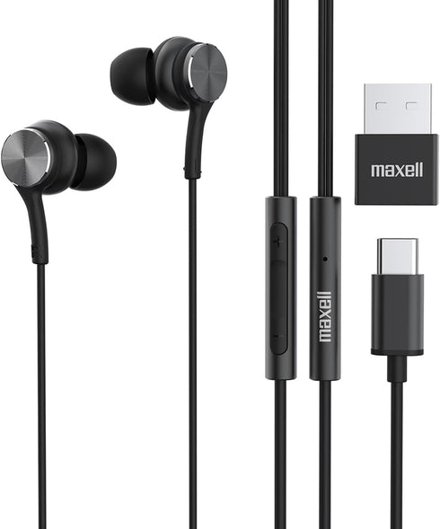Maxell USB-C Wired Earbuds with USB-A Adapter, Built-in Microphone with Volume and