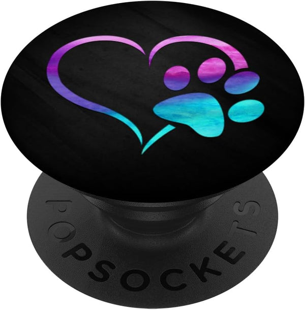 Purple Cyan Dog Paw Print Heart Grip on Black Background PopSockets Standard PopGrip