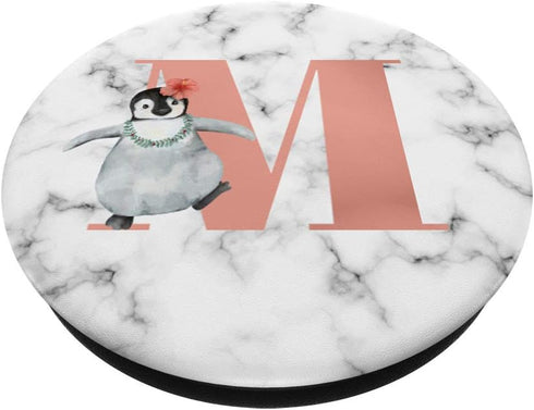 Cute Penguin With Flower Pink Rose Color Letter M PopSockets Swappable PopGrip