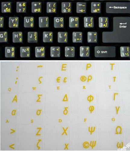 Greek Keyboard Stickers with Transparent Yellow Letters for Any Laptop, PC, Desktop, Notebook