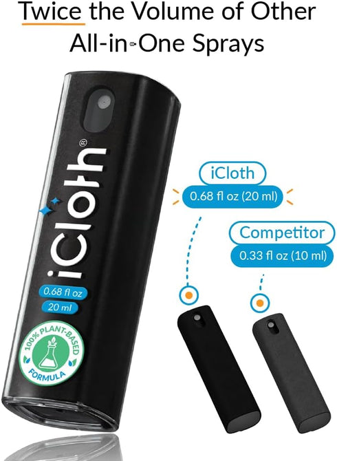 iCloth 2X 2-in-1 0.68 oz (20ml) Screen Cleaner Spray & Microfiber Cloth for Laptops, Tablets, Phones, Car Screens
