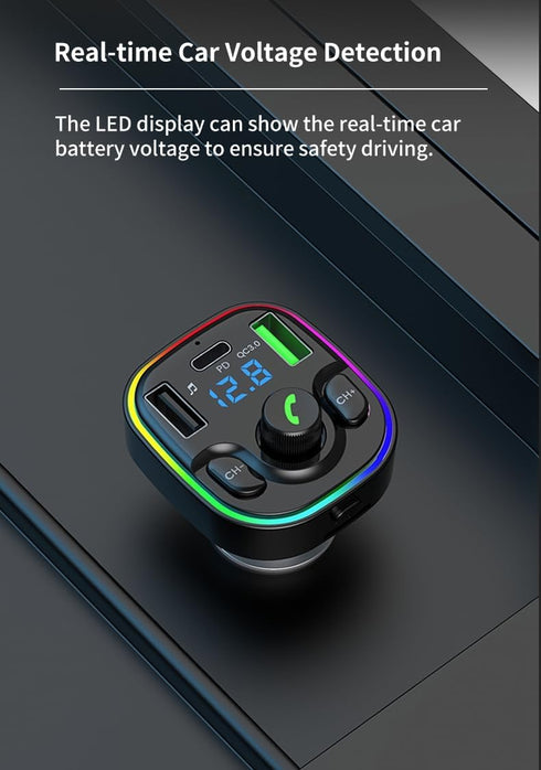 Bluetooth 5.3 FM Transmitter Car Adapter, Fast Charger with Hi-Fi Audio & Clear Calls, 7 Colors LED Backlit