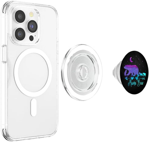 Purple Turquoise Watercolor Mama Bear Three Cubs on a Black PopSockets PopGrip for MagSafe