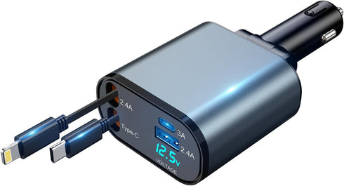 4 in 1 Retractable Car Charger, 60W Fast Phone Charger with Cord, Compatible with iPhone 15/14/13/12/11 Pro Max