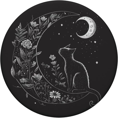Cat Sitting on Crescent Moon Flowers Stars Drawing PopSockets Standard PopGrip